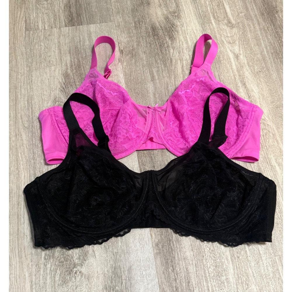 HSIA 2 Pack Lace Unlined Underwire Bra Set 44DD Pink‎ Black Floral Mesh Support
